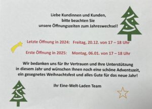 Bitte beachten: Unsere Öffnungszeiten zum Jahreswechsel