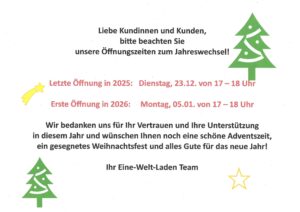 Öffnungszeiten zum Jahreswechsel